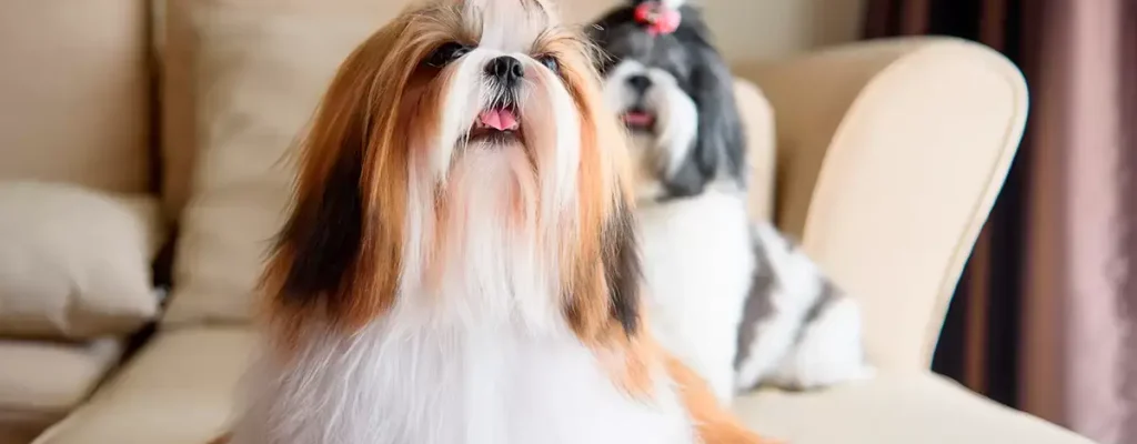 pareja-de-perros-Shih-tzu-sobre-el-sofa-de-casa